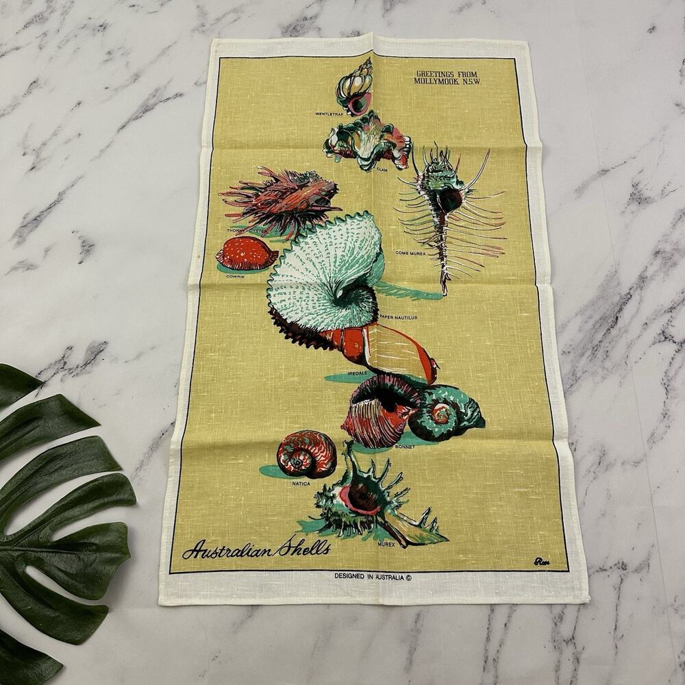 Vintage 70s Australian Sea Shells Linen Tea Towel New Yellow Blue Mollymook NSW